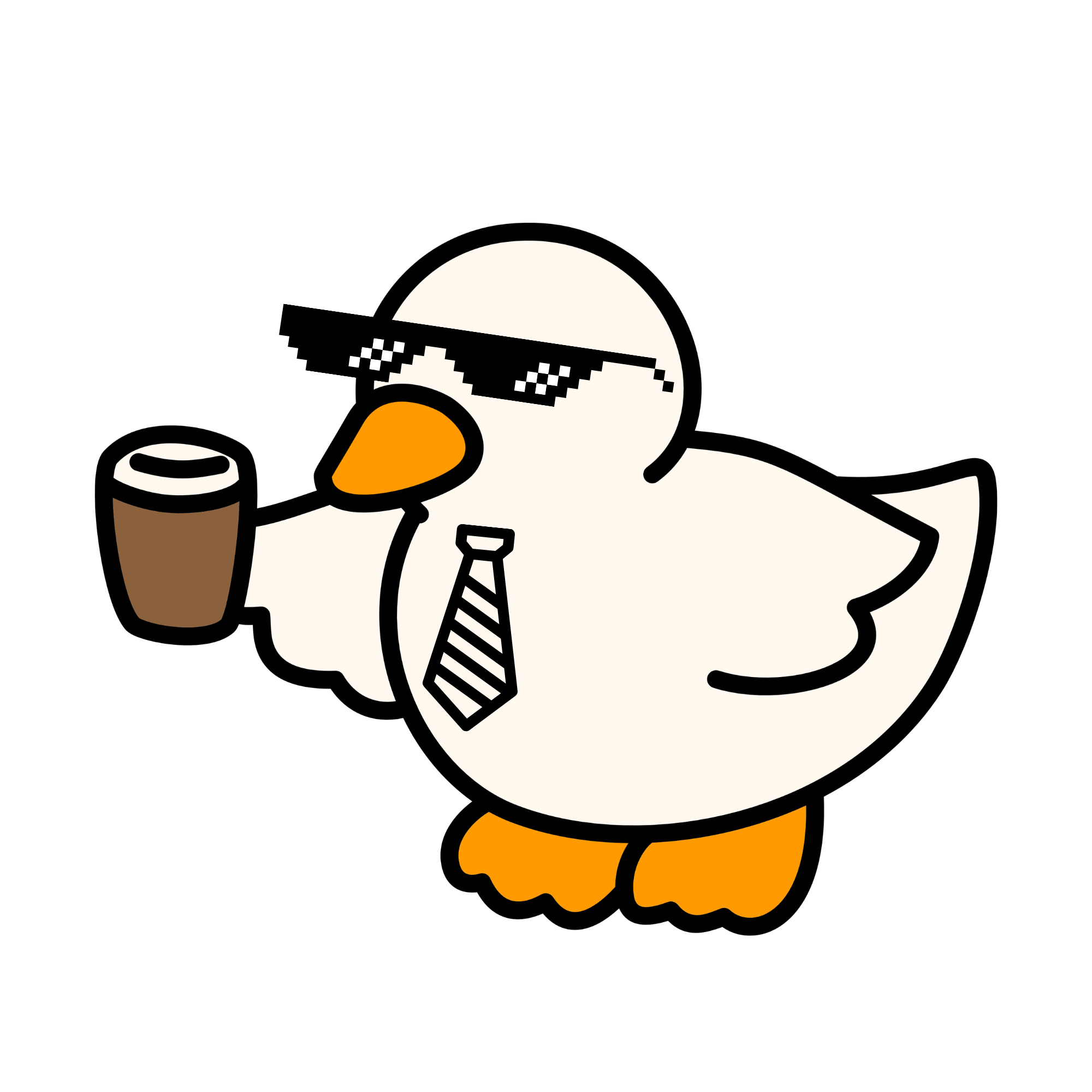 A relaxed duck in sunglasses and a tie, holding a coffee